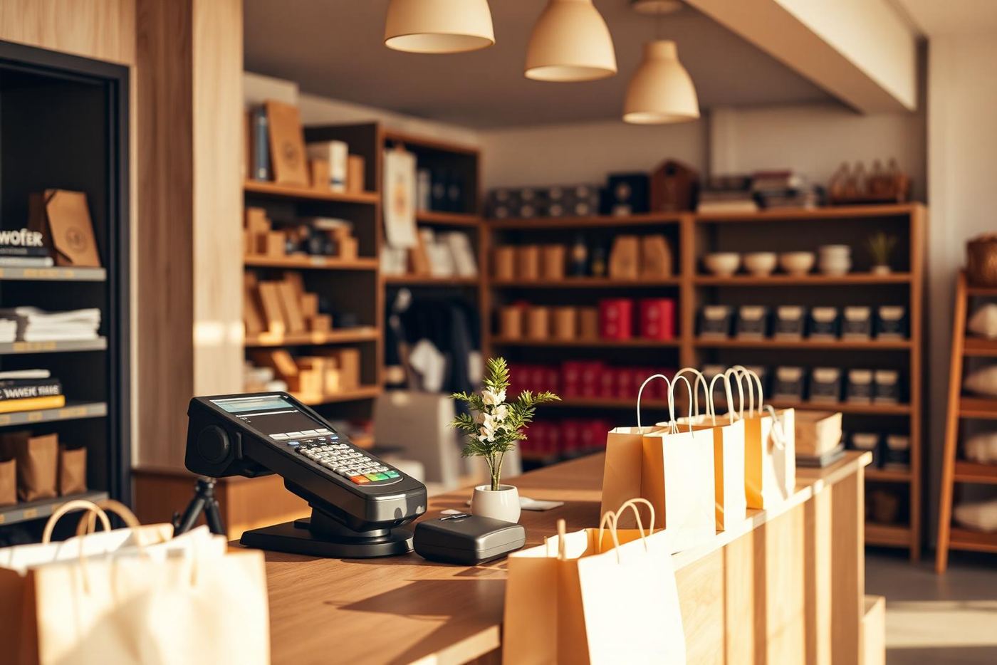 Shop checkout counter with bags ready — What DMO PMR LLC/ DMO JEWELRY / DMO مجوهرات carries in our shop in Houston — DMO PMR LLC/ DMO JEWELRY / DMO مجوهرات, Houston